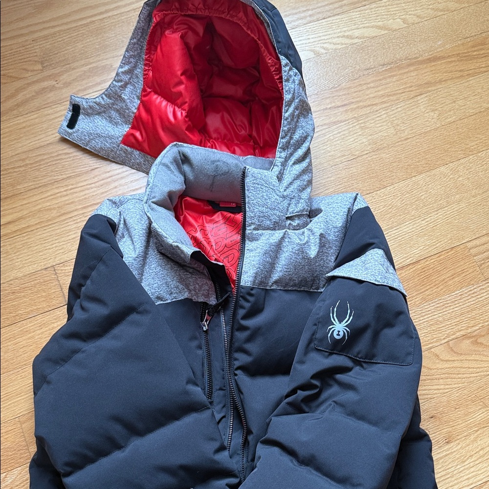 Spyder Kids Black and Gray Puffer Jacket with Red Lining